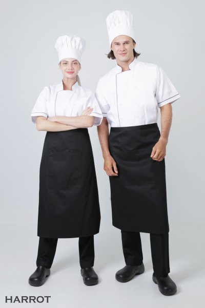 เสื้อเชฟ แขนสั้น สีขาวกุ๊นดำ