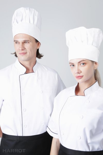 เสื้อเชฟ แขนสั้น สีขาวกุ๊นดำ