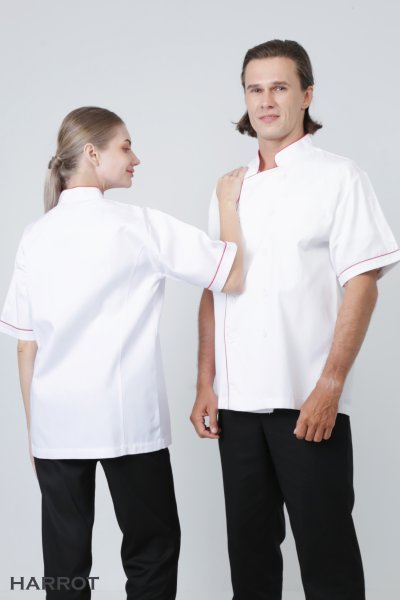 เสื้อเชฟ แขนสั้น สีขาวกุ๊นแดง