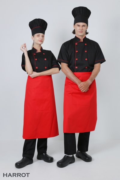 เสื้อเชฟ แขนสั้น สีดำกุ๊นแดง