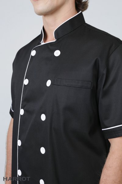 เสื้อเชฟ แขนสั้น สีดำกุ๊นขาว
