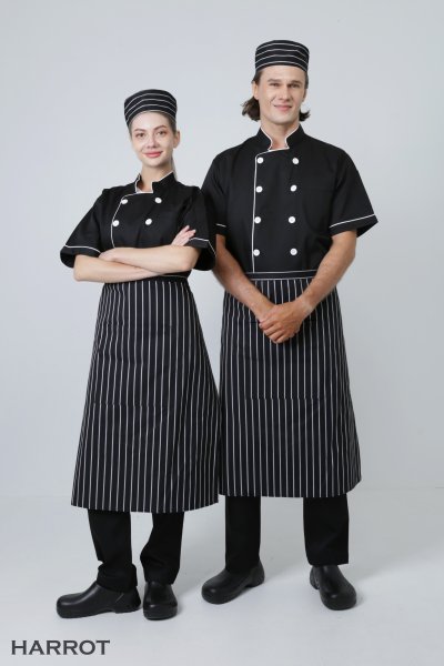 เสื้อเชฟ แขนสั้น สีดำกุ๊นขาว