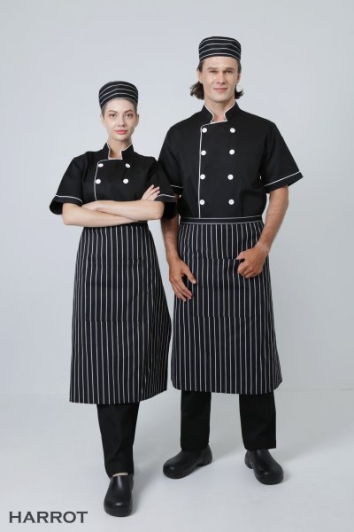 เสื้อเชฟ แขนสั้น สีดำกุ๊นขาว