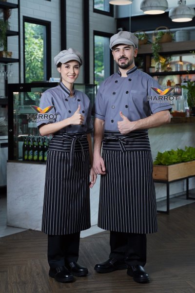 เสื้อเชฟ แขนสั้น เทาแต่งกุ๊นดำ