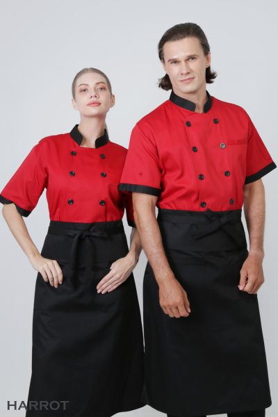 เสื้อเชฟ แขนสั้น สีแดง ปกดำ