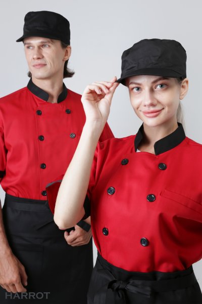 เสื้อเชฟ แขนสั้น สีแดง ปกดำ