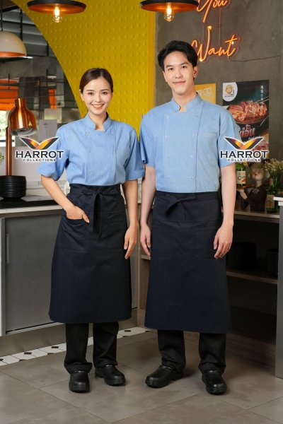 เสื้อเชฟ แขนสั้น ยีนส์ฟอก กระดุมแป๊ก