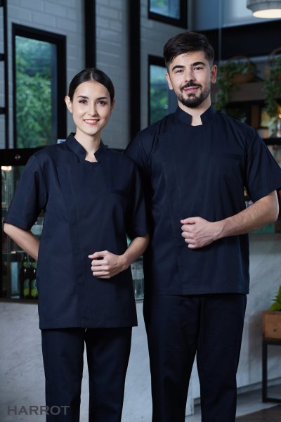 เสื้อเชฟ แขนสั้น สีกรม กระดุมแป๊ก