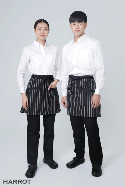 ผ้ากันเปื้อน ครึ่งสั้น สายยาวผูกหน้า ลายลาครัวดำ