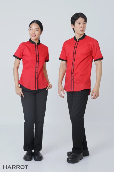 เสื้อพนักงานเสิร์ฟ คอจีน แต่งกุ๊น สาบเสื้อ 2 เส้น