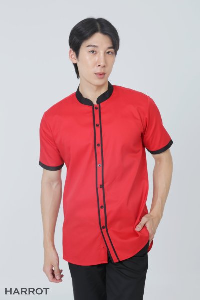 เสื้อพนักงานเสิร์ฟ คอจีน แต่งกุ๊น สาบเสื้อ 2 เส้น