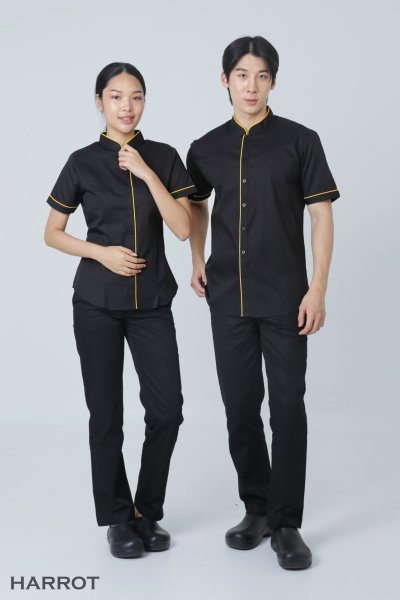เสื้อพนักงานเสิร์ฟ คอจีน สีดำกุ๊นเหลือง