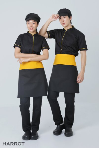เสื้อพนักงานเสิร์ฟ คอจีน สีดำกุ๊นเหลือง