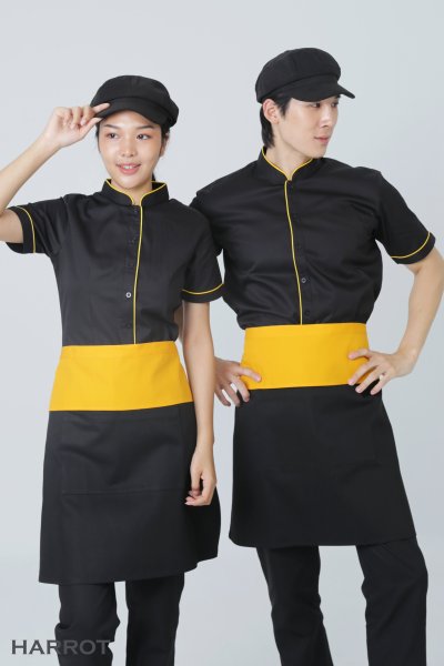 เสื้อพนักงานเสิร์ฟ คอจีน สีดำกุ๊นเหลือง