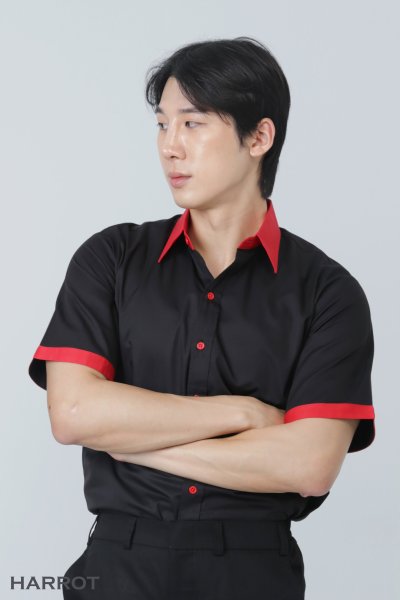 เสื้อพนักงานเสิร์ฟ สีดำ ปกคอแดง