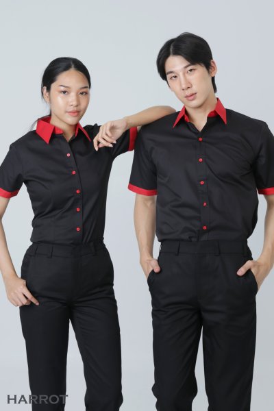 เสื้อพนักงานเสิร์ฟ สีดำ ปกคอแดง