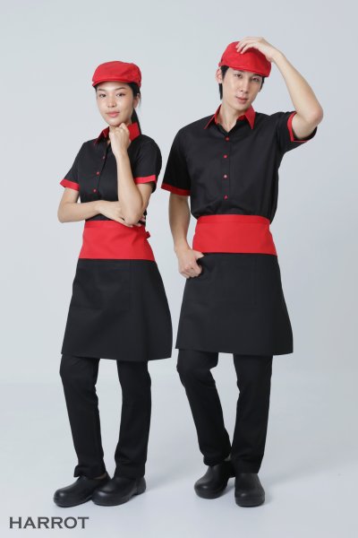 เสื้อพนักงานเสิร์ฟ สีดำ ปกคอแดง