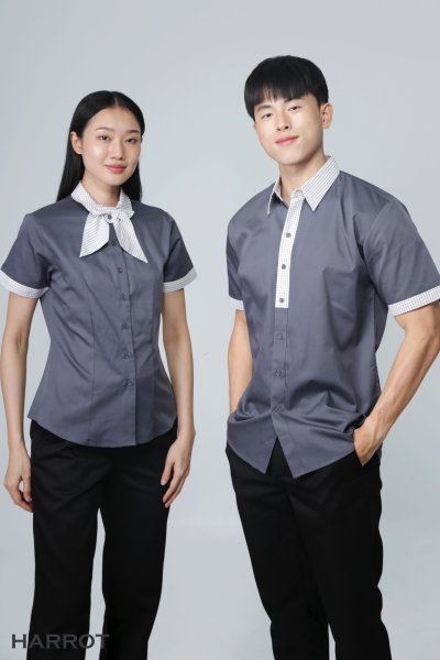 เสื้อพนักงานเสิร์ฟ แขนสั้น แต่งลายสก๊อต