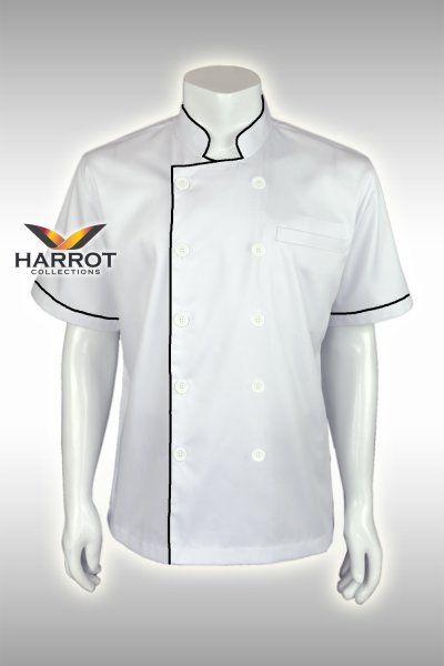 เสื้อเชฟ แขนสั้น สีขาวกุ๊นดำ