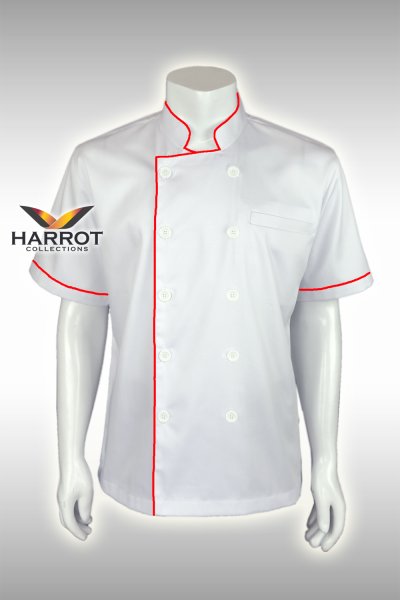 เสื้อเชฟ แขนสั้น สีขาวกุ๊นแดง
