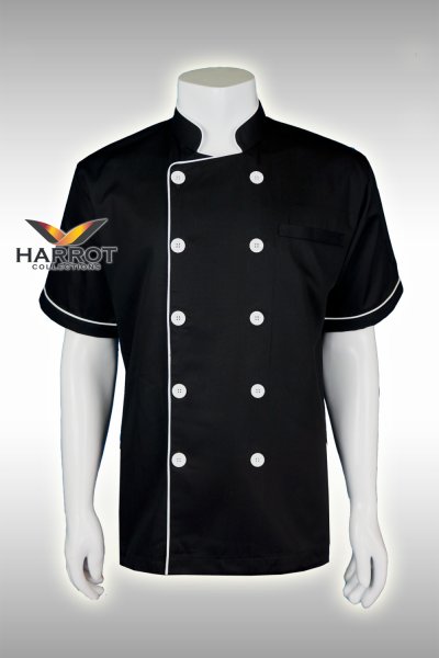 เสื้อเชฟ แขนสั้น สีดำกุ๊นขาว