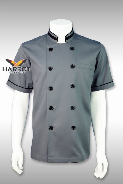 เสื้อเชฟ แขนสั้น เทาแต่งกุ๊นดำ