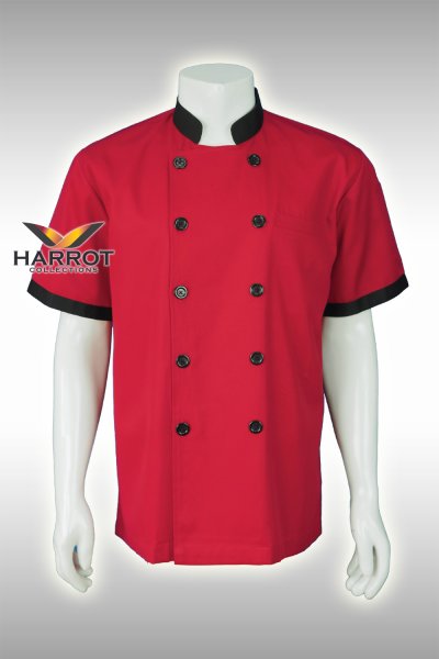 เสื้อเชฟ แขนสั้น สีแดง ปกดำ