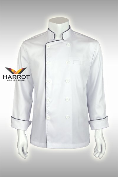 เสื้อเชฟ แขนยาว สีขาว กุ๊นดำ
