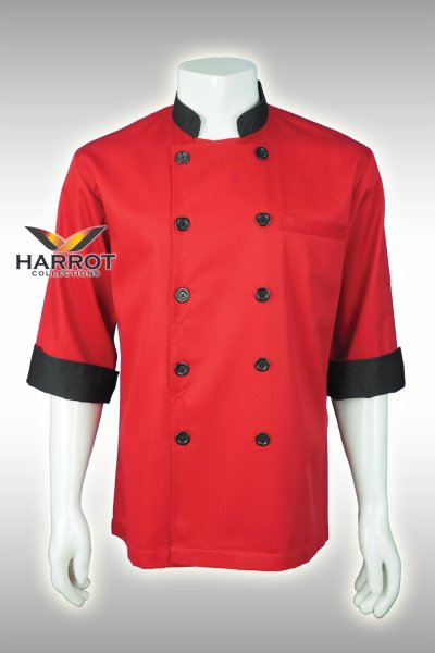 เสื้อเชฟ แขนสามส่วน สีแดง ปกดำ