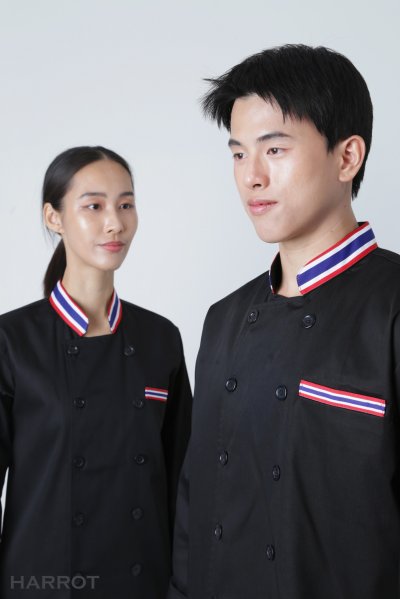 เสื้อเชฟ แขนยาว กระเป๋าเจาะ แต่งลายธงชาติ