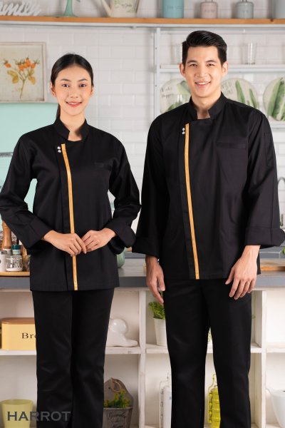 เสื้อเชฟ แขนยาว กุ๊นทอง กระดุมแป๊ก