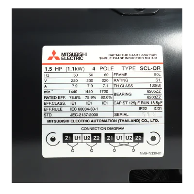 มอเตอร์มิตซูบิชิ MITSUBISHI รุ่น SCL-QR กำลัง 1.5 แรงม้า (1.1 กิโลวัตต์) 1 เฟส 220V 4P IP22