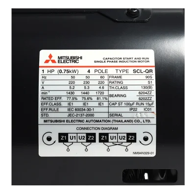 มอเตอร์มิตซูบิชิ MITSUBISHI รุ่น SCL-QR กำลัง 1 แรงม้า (0.75 กิโลวัตต์) 1 เฟส 220V 4P IP22