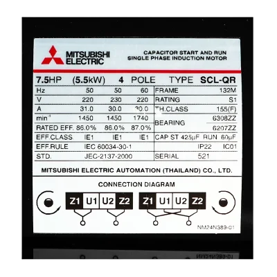 มอเตอร์มิตซูบิชิ MITSUBISHI รุ่น SCL-QR กำลัง 7.5 แรงม้า (5.5 กิโลวัตต์) 1 เฟส 220V 4P IP22