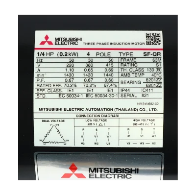 มอเตอร์มิตซูบิชิ MITSUBISHI รุ่น SF-QR กำลัง 1/4 แรงม้า (0.18 กิโลวัตต์) 3 เฟส 380V 4P IP55