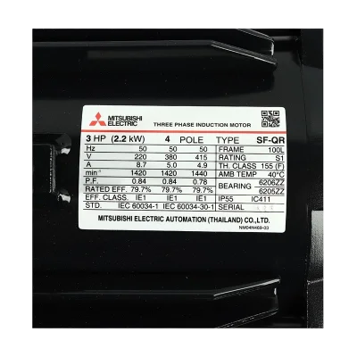 มอเตอร์มิตซูบิชิ MITSUBISHI รุ่น SF-QR กำลัง 3 แรงม้า  (2.2 กิโลวัตต์) 3 เฟส 380V 4P IP55