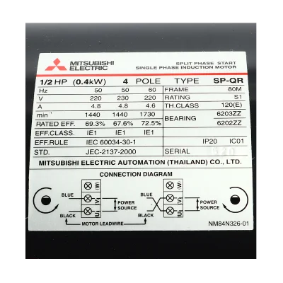 มอเตอร์มิตซูบิชิ MITSUBISHI รุ่น SP-QR กำลัง 1/2 แรงม้า (0.4 กิโลวัตต์) 1 เฟส 220V 4P IP20 