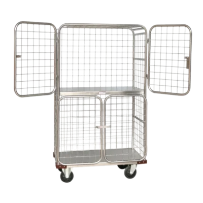 รถเข็นใส่ผ้าสแตนเลส 4 ประตู (ชั้นปรับระดับได้ 3 ตำแหน่ง) รถเข็นใส่ผ้าสแตนเลส 4 ประตู (ชั้นปรับระดับได้ 3 ตำแหน่ง)