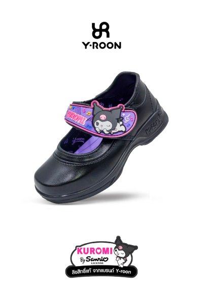 รองเท้านักเรียนอนุบาลหญิง Y-Roon x Kuromi ลิขสิทธิ์แท้ หนังสีดำ พื้นม่วง ลายคุโรมิ รุ่น Y666
