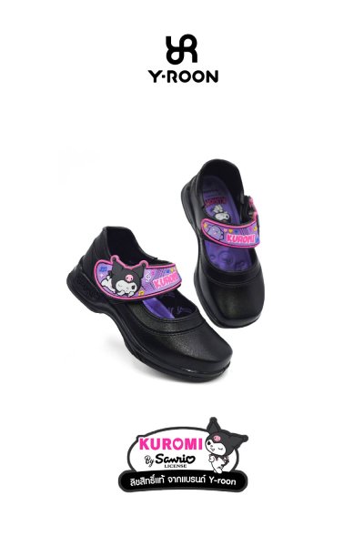 รองเท้านักเรียนอนุบาลหญิง Y-Roon x Kuromi ลิขสิทธิ์แท้ หนังสีดำ พื้นม่วง ลายคุโรมิ รุ่น Y666