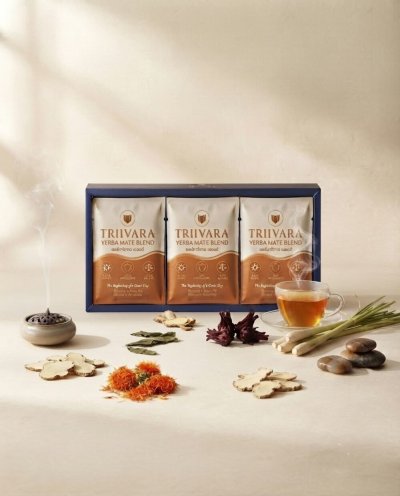 <img alt="TRIIVARA Yerba Mate Blend ชาสมุนไพรเยอร์บามาเต้ผสมสมุนไพรไทย บรรจุซองพรีเมียมผสมสมุนไพรไทย 6 ชนิด ">