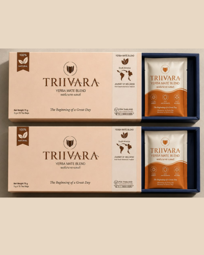 <img alt="ภาพกล่อง TRIIVARA Yerba Mate Blend Balance Duo Set เเบบเปิดสไลด์เห็นด้านในกล่องมีซองด้านใน">