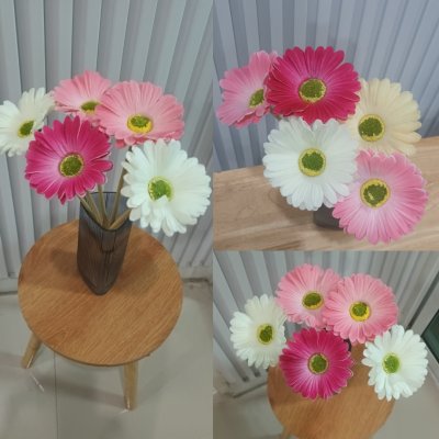 ดอกเยอบีร่าปลอมในตะกร้าสานหวายเทียม (พลาสติก)ขาไม้ Artificial gerbera