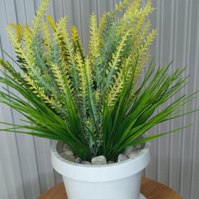 ช่อดอกลาเวนเดอร์ปลอมในกระถางพลาสติกสีขาว6นิ้วพร้อมจานรอง Artificial lavender in plastic pot