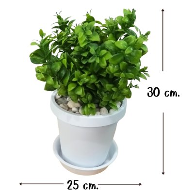 ต้นไม้ปลอมประดิษฐ์ใบเขียวกระถางขาว 6 นิ้ว Artificial green-leaf plant in a 6-inch white pot.