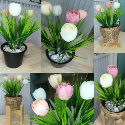 ดอกทิวลิปปลอมดอกไม้ประดิษฐ์ในตะกร้าหวาย 5 นิ้ว Artificial tulip flowers in a wicker basket.