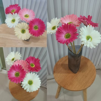 ดอกเยอบีร่าปลอมในตะกร้าสานหวายเทียม (พลาสติก)ขาไม้ Artificial gerbera