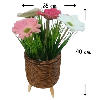 ดอกเยอบีร่าปลอมในตะกร้าสานหวายเทียม (พลาสติก)ขาไม้ Artificial gerbera