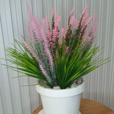 ช่อดอกลาเวนเดอร์ปลอมในกระถางพลาสติกสีขาว6นิ้วพร้อมจานรอง Artificial lavender in plastic pot