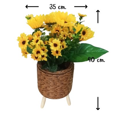 ดอกทานตะวันปลอมดอกไม้ประดิษฐ์ในตะกร้าสานขาไม้ Artificial sunflower in basket with wooden stand